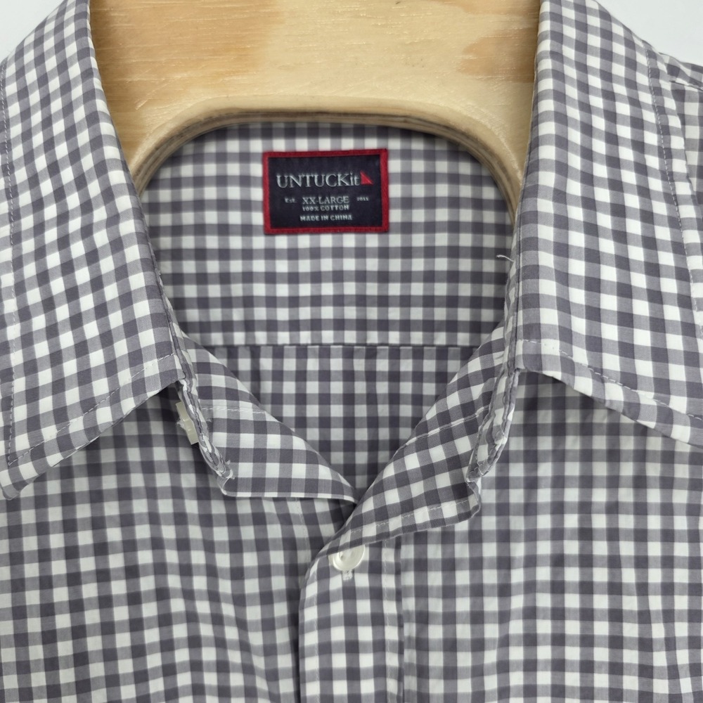 Untuckit Mens Button Up Shirt XXL Long Sleeve Gray Gingham Check Preppy Premium - Picture 1 of 7